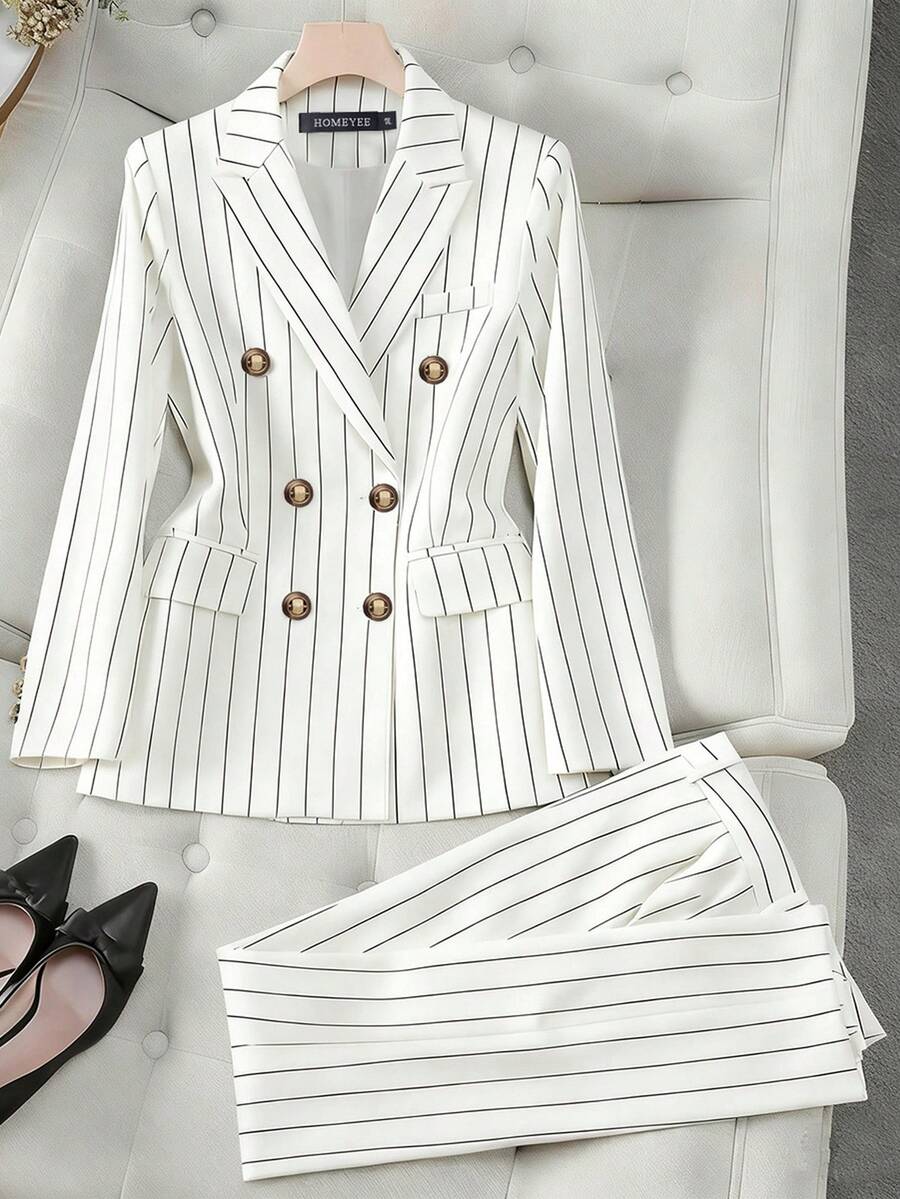 HOMEYEE Striped Fabric Retro Casual Vacation Elegant Business Professional Plus Size Suit Pants & Jacket Set Spring White - White - View 1