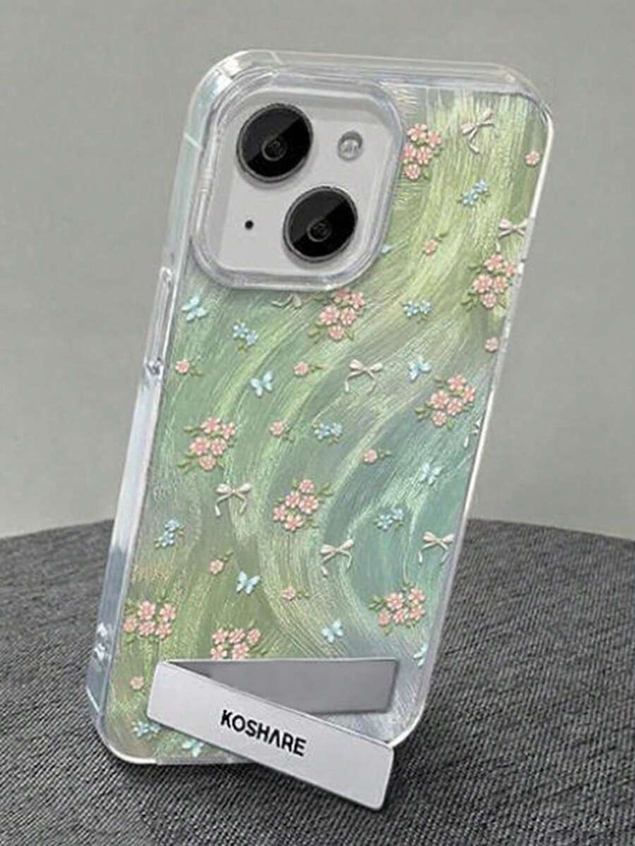 1 pieza Funda de teléfono de gasa con plumas y soporte metálico 3D con estampado floral degradado, compatible con iPhone 11/12/13/14/15/16/17/Pro Max - Verde - Ver 1