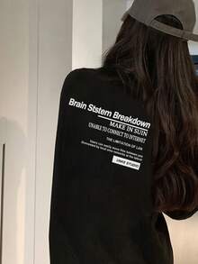 Women's Loose Fit Letter Print Long Sleeve T-Shirt, Versatile For Spring & Autumn Black Casual - Black - View 7