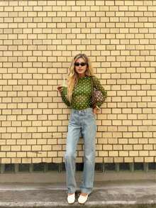 Women's Elegant Casual Fashion Sexy Mesh Classic Polka Dot Cropped Top - Boat Neck, Front Ruching, Waist Ruching Details, Sheer Long Sleeves Vacation - Olive Green - View 2