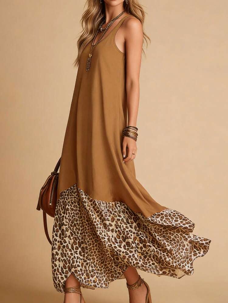 Vestido casual sin mangas para mujer, diseño de camisola con estampado de leopardo vintage patchwork, bajo asimétrico acampanado, adecuado para vacaciones / uso diario / citas, elegante para el verano - Marrón - Añade 3