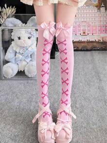 1 Pair Japanese Bow Y2K Lolita Thigh-High Socks Women Leg-Slimming Non-Slip Anime Expo/Lolita Tea Party/JK Meetup/Harajuku Street Snap/Birthday Photo Shoot/Campus Cultural Festival/Cosplay Event/BFF Afternoon Tea/Japanese-Style Store Hopping Must-Have Stockings - Multicolor - View 7