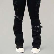 Plus-Size Women's High-Waist Jeans, Featuring Prominent Stitched Pockets And Metal Button Loops At The Hem, Cinching The Waist And Lifting The Hips; Plus-Size Women's High-Waist Cargo Pants; Street-Style Plus-Size Women's High-Waist Flare Pants. - màu đen - Xem 4