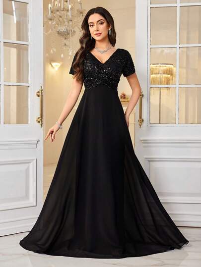 V-Neck Solid Color Elegant Sequin Patchwork Chiffon Flared Hem Evening Party Dress