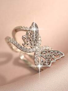 1pc Exquisite Butterfly Cubic Zirconia Engagement Rings, Personalized Hollow Out Copper Open Ring, Suitable For Daily Wear, Wedding, Party, Gift - White - View 10