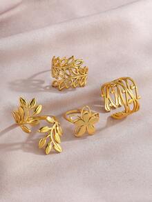 4pcs Set Stainless Steel Minimalist Gold-Tone Leaf, Flower, Geometric Open Rings, 18K Gold Plated, Suitable For Women's Daily Wear Or Gift - Yellow Gold - View 3