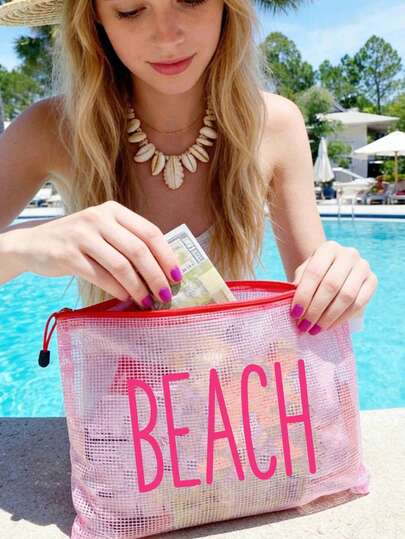 Waterproof Fashion Mesh Beach Bag, Makeup Bag With "Beach" Print, Beach Theme. Large Capacity Transparent Makeup Bag, Nylon Zipper Toiletry Bag, Lightweight, Can Hold Sunscreen, Snacks, Bikini And Beach Essentials