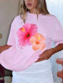 Vacation,Spring,Resort Wear Women,Spring Casual Pink Floral Print Summer Short Sleeve T-Shirt - Pink - View 3