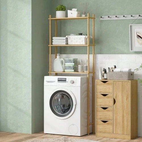 3-Tier Toilet Shelf, Bathroom Shelf With Anti-Tip Protection, Multifunctional Space-Saving Laundry Shelf, Country Style, Natural Wood - 自然木色 - 查看 1