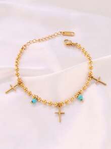 1pc Stainless Steel Cross Pendant Bracelet For Women Fashion Turquoise Charms Beads Chain Bracelets Waterproof Jewelry - Bracelet - View 8