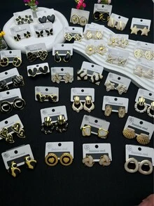 28件套304不锈钢耳环套装 - 蝴蝶、草莓、贝壳、花朵、心形、星星、叶子、珠子、蝴蝶结、小鸟、花卉、几何图案、粉彩色系（粉色、紫色、绿色，适合青少年，可爱耳环）（随机发货） - 彩色 - 查看 6