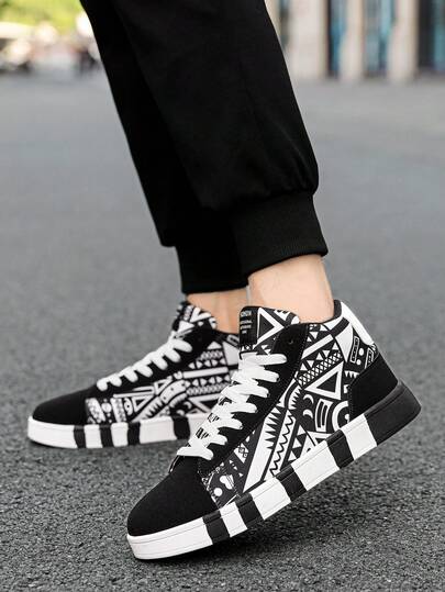 男士个性化多功能撞色拼接随机几何印花橡胶平底情侣休闲鞋，简约时尚户外步行通勤柔软舒适休闲运动鞋
