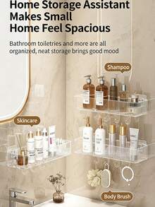 No-Drill Acrylic Bathroom Shelf With Hooks – Wall-Mounted Transparent Storage Rack For Toiletries, Ideal For Bathroom And Vanity Organization - Multicolor - View 9