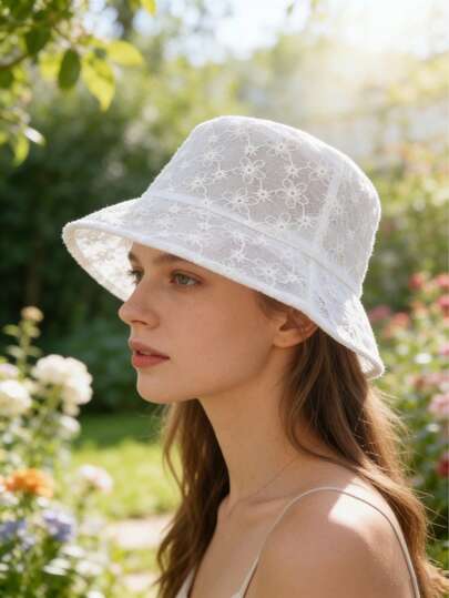 1pc Women's Summer Lace Bubble Flower Foldable Sun Protection Bucket Hat, White Color Fashionable Versatile Delicate Breathable Hollow Out Bucket Hat