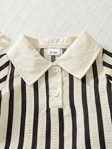 2件套婴幼儿（6个月-3岁）黑白条纹翻领宽松上衣和休闲短裤套装，夏季 - 黑與白 - 查看 5