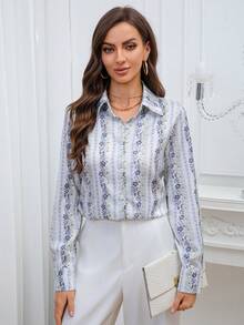 优雅舒适的通勤修身女士条纹翻领衬衫，条纹前开襟纽扣度假衬衫 - 淺藍色 - 查看 6