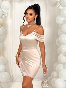 AIJ Amarilo Sexy Elegant Ruffle Off-Shoulder Fitted Mini Dress With Lily Flower Trim, For Valentine's Day Summer - Apricot - View 4