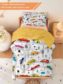 2件套幼儿卡通汽车图案被套套装（四季皆宜）双面被套套装，适用于婴儿和儿童，可机洗，适合新生儿床、婴儿床，节日送礼佳品（1个单面印花枕套+1个双面印花被套，不含填充物）枕套为单面印花，尺寸为40x60厘米，100%涤纶 - 彩色 - 查看 1