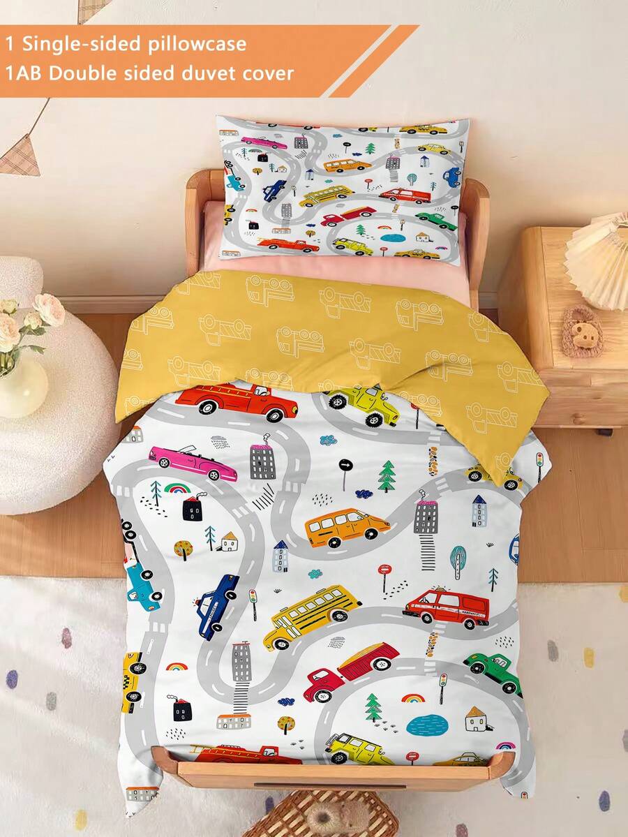 2件套幼儿卡通汽车图案被套套装(四季皆宜)双面被套套装,适用于婴儿和儿童,可机洗,适合新生儿床、婴儿床,节日送礼佳品(1个单面印花枕套+1个双面印花被套,不含填充物)枕套为单面印花,尺寸为40x60厘米,100%涤纶 - 彩色 - 查看 1