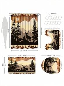 1/4 Pcs Waterproof Forest Animal Shower Curtain Set, Thick Polyester Waterproof Anti-Mildew Bathroom Curtain Set With 12 Hooks, Non-Slip Mat, U-Shaped Mat And Round Toilet Lid Cover - Comprehensive Bathroom Set - A - View 3