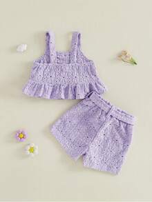Toddler Baby Girl Summer Clothes Ruffle Sleeveless Embroidery Shirts Tank Tops Cute Bloomers Shorts Set Outfits - Purple - View 2