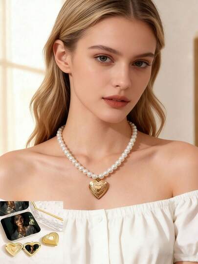 Vintage Heart-Shaped Frame Pearl Necklace, Openable Locket Choker, French Elegant Heart Pendant Necklace, Versatile Layered Pearl Choker