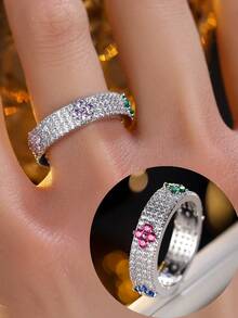 1pc Micro-Inlaid Zirconia Colorful Flower Ring, Versatile Elegant Finger Ring For Women - Ring - View 8