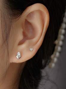 1 Pair Minimalist 925 Sterling Silver Cubic Zirconia Heart Stud Earrings, Suitable For Women's Daily Wear - Silver - View 2