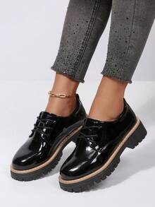 Giày lười nữ đế dày, mũi tròn, da bóng màu đen, thích hợp đi làm hàng ngày, đi học, phù hợp cho mọi mùa. - màu đen - Xem 3