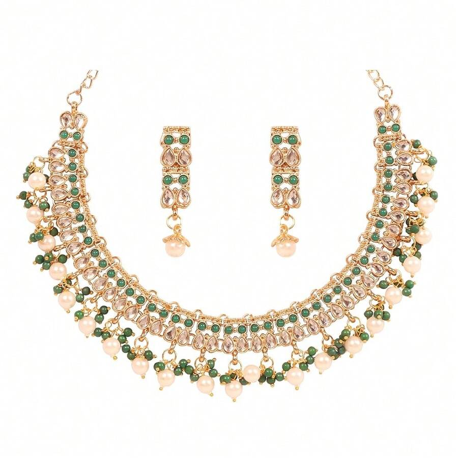 Jewelry Sets For Women Temple Necklace Set Kundan Polki Wedding Gre1en Faux Emerald Pearl Bollywood Style Antique Gold Artificial Bridal Desi Traditional  Accessories - D650Gre1en&Pearl - 查看 1