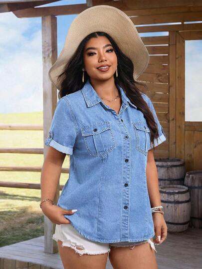 Plus Size Denim Shirt Top, Short Sleeve, Button Front, Pockets, Shirt Collar, Regular Length, Non-Stretch Fabric