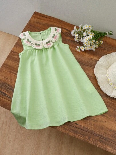 Girls' Summer Sleeveless Floral Decor Collar Breathable Loose A-Line Dress, Casual Minimalist Dress For Girls