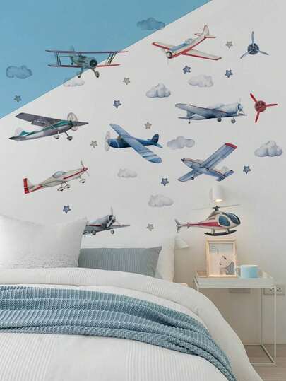 1pc Aircraft Fighter Plane Transport Plane Cloud Star Wall Decal Sticker, Removable Bedroom Living Room Kids Room Wall Decoration