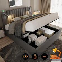 Klädd säng 140x200, dubbelsäng med förvaring, sänglåda, läslampa med USB-laddningsfunktion, huvudgavel, ryggstöd med nitar, säng med ribbotten och sänglåda, bomull, grå (med madrass) - Grå - Visa 2