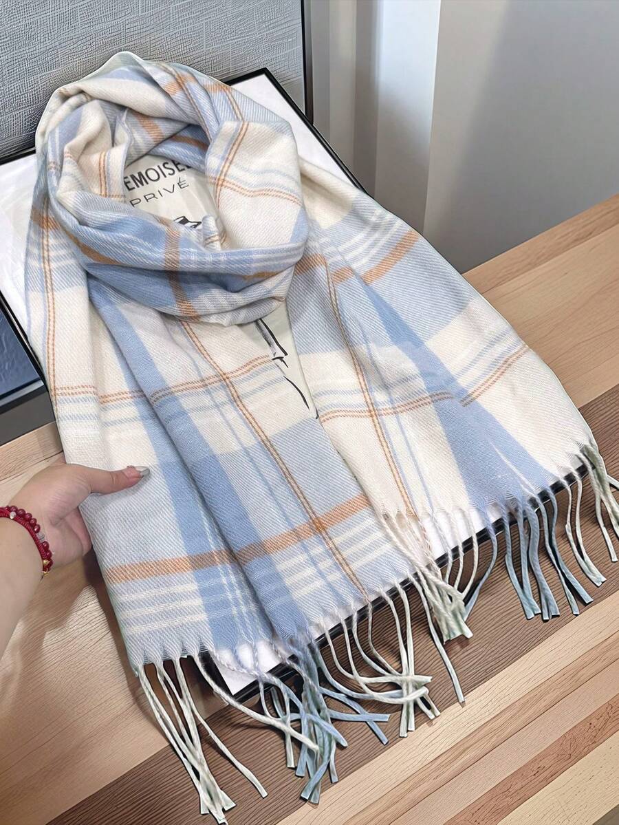 1 chiếc khăn quàng cổ/khăn giữ ấm cổ họa tiết kẻ caro hình học có tua rua - S51150 - Màu xanh caro - Xem 1