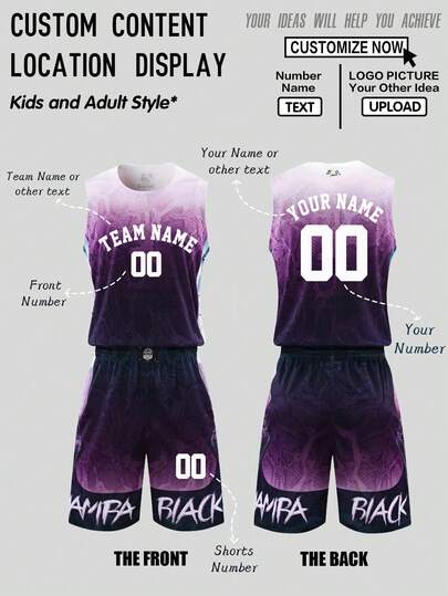 2pcs Custom Purple Basketball Jersey - Personalized Name, Number And Team Logo Print Tank Top + Shorts Sports Set, Fashionable, Casual, Customized, Unique Gift, Suitable For Men, Boyfriend, Family, Friends, Birthday, Holiday, School Match, Sports Climbing
