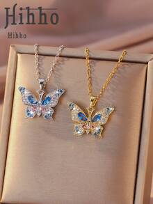1pc Butterfly Wing Gradient Zirconia Pendant Necklace, Blue & Pink Ombre Zirconia + Full Zirconia Edged Butterfly Wings, Romantic Gift For Girlfriend/Best Friend - Butterfly - View 2