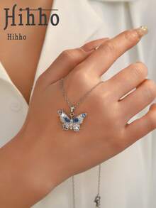 1pc Butterfly Wing Gradient Zirconia Pendant Necklace, Blue & Pink Ombre Zirconia + Full Zirconia Edged Butterfly Wings, Romantic Gift For Girlfriend/Best Friend - Butterfly - View 10