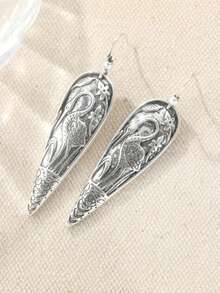Artistic Classic & Retro Crane Pattern Long Earrings, Meticulously Crafted Earrings, Iconic Women's Jewelry Accessory, Earrings - Silver - View 3