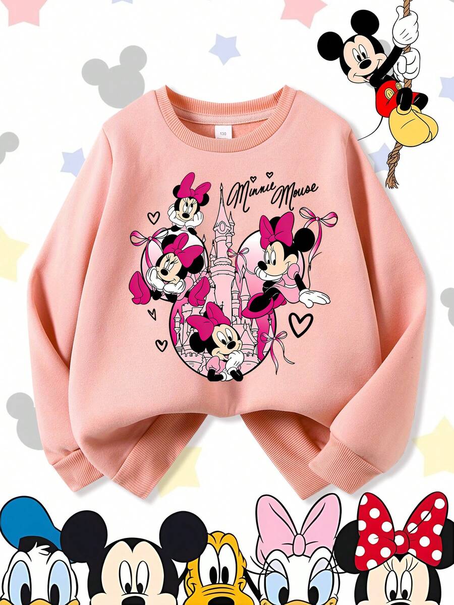 Disney Minnie Mouse Fantasy Castle And Hearts Trio Cute Comfortable Print Young Girls' Long Sleeve Sweatshirt, Suitable For Autumn/Winter, Lightweight And Cozy, Great For Layering In Fall, Fashionable Casual Wear, Graphic Design, Back To School Season, Autumn, Back To School Party, Suitable For Outdoor Picnic, Street Photography, Home, Campus, Holidays, New Year Gift - Pink - View 1