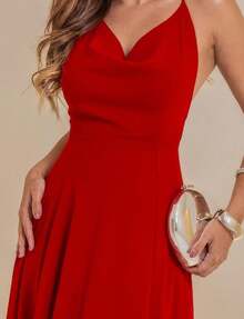 Long Backless Dress With Tie Straps, Bridesmaid Dress, Flowy Wedding Dress With Halter Neck And Slit, Red - 紅色 - 查看 4