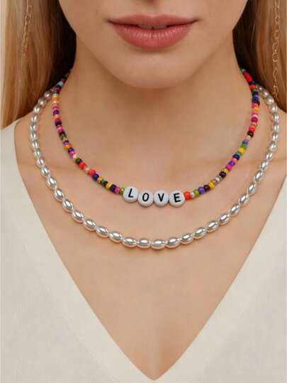 1pc Personalized Creative LOVE Letter Pearl Beaded Double-Layer Necklace, Suitable For Going Out, Dates, Parties, Daily Wear, Great Gift For Valentine's Day, Birthday, Holidays
