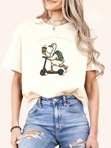 Women's 100% Cotton Short Sleeve T-Shirt 250th Anniversary Independence Day Patriotic Holiday Outfit 2026 Year Of The Horse St. Patrick's Day Carnival Easter Funny April Fools' Day Duck Riding Scooter With Coffee & Backpack Graphic Casual Summer Tee - 杏色 - 查看 2
