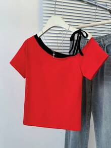 美国性感吊带短袖T恤，夏季系带修身露脐上衣 - 紅色 - 查看 6