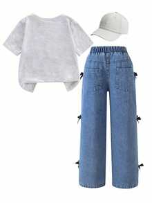 2pcs Girls Outfit Set, Butterfly Print Round Neck Short Sleeve T-Shirt Top And Blue Loose Wide Leg Jeans Pants, Fashion New Spring/Summer 2026 - Grey - View 9