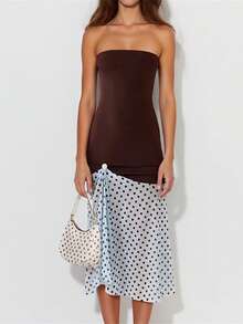 Women Strapless Midi Dress Slim Off Shoulder Sleeveless Dot Print Patchwork Ruffled Hem Dresses For Daily Party Club - 深棕色 - 查看 5