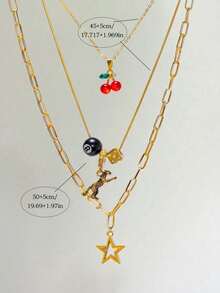3pcs Leopard & Cherry Necklace Set, Ball-8 Billiard Dice Charm Necklace, Red Cherry Necklace, Fashionable Star Necklace, Classic Leopard NecklaceGift - Vàng - Xem 11