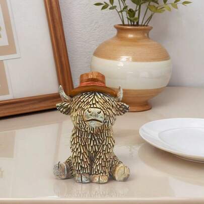 1pc Western Cowboy Style Highland Cow Statue Decor, Scottish Highland Cow Wearing Cowboy Hat, Ideal For Thanksgiving, Christmas, Suitable For Yard, Garden, Home, Office, Living Room And Bathroom Decoration Gift