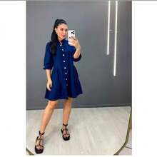 Women's Striped Midi Dress With Shirt Collar And Bishop Sleeves, Casual, With Buttons, Asymmetrical Hem, Summer And Beach. - 寶藍色 - 查看 1