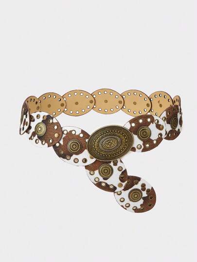 1pc Western Cowgirl Boho Style Cow Print Rivet Waist Belt, Cowgirl Belt, Belt For Girl, Cowboy, Chunky Belt, Western Style Waist Belt, Girl's Fashion Accessory, Retro Oval Waist Belt, Dress Accessory, Suitable For Party, Beach, Music Festival